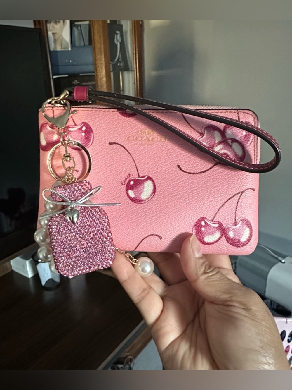 Coach Corner Zip Wristlet with Cherry Print